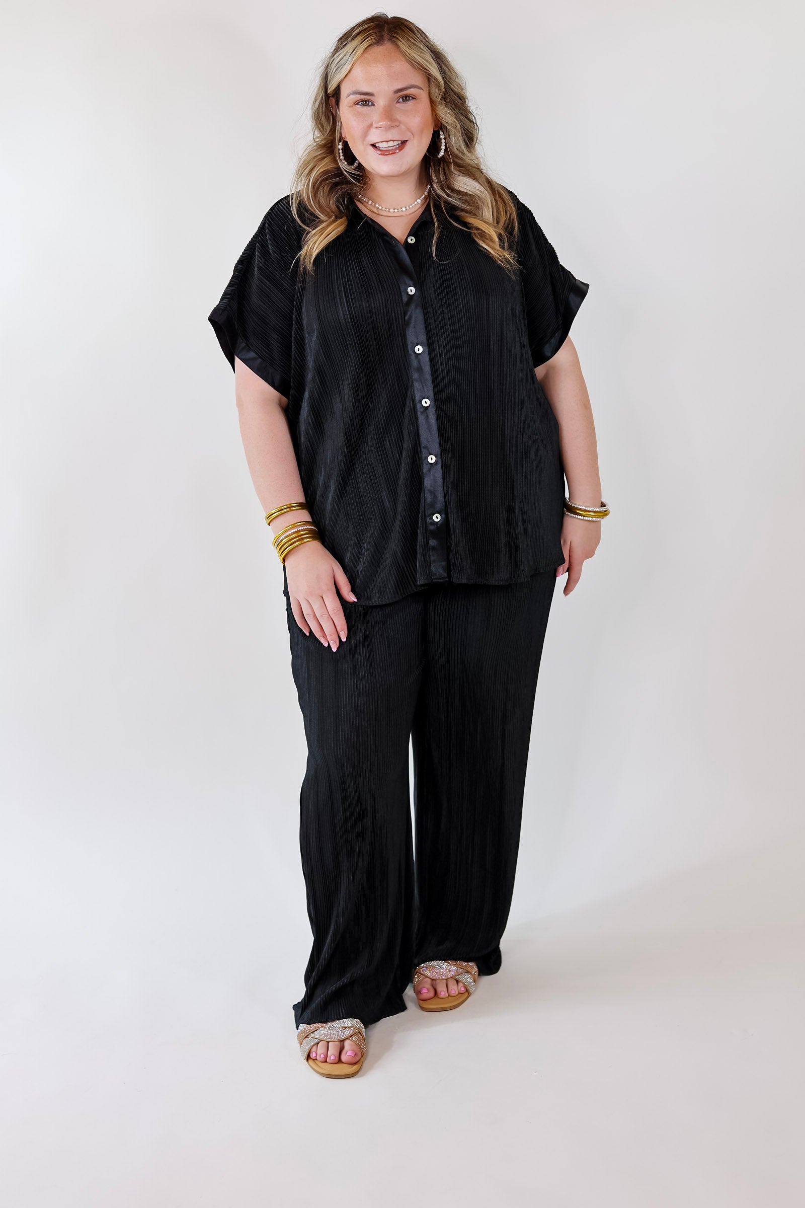 Walking In Paradise Plissé Drawstring Pants in Black - Giddy Up Glamour Boutique