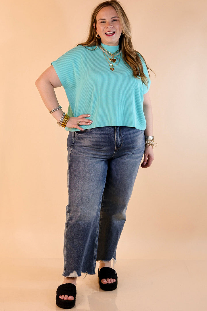 Never Out of Style Short Sleeve Mock Neck Top in Mint Sky Blue