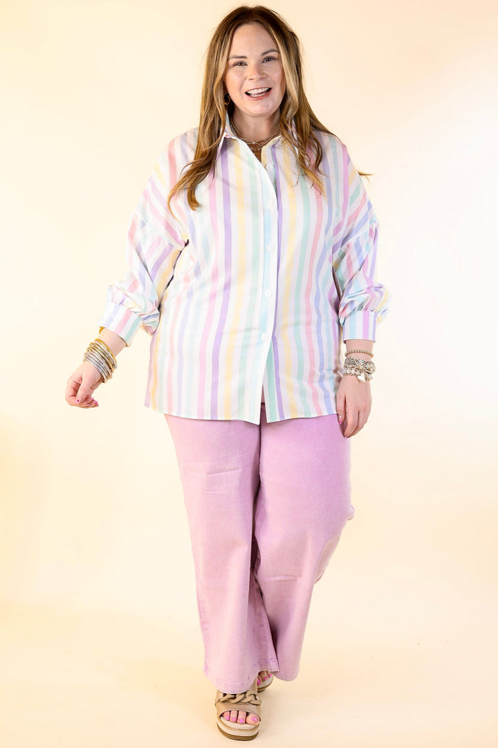 The Cowgirl Way Button Up Pastel Striped Top in White