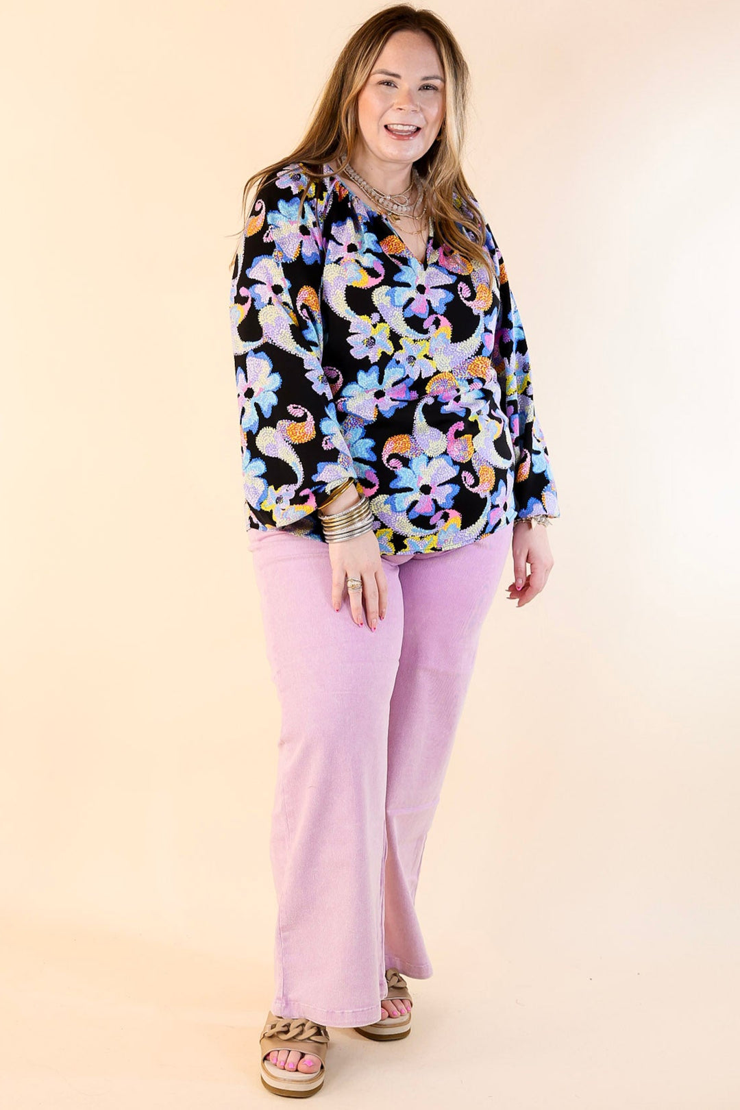 Seriously Sweet Floral Print Top with Notched Neckline in Black