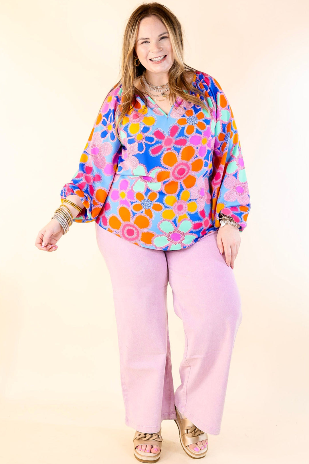 Seriously Sweet Floral Print Top with Notched Neckline in Blue