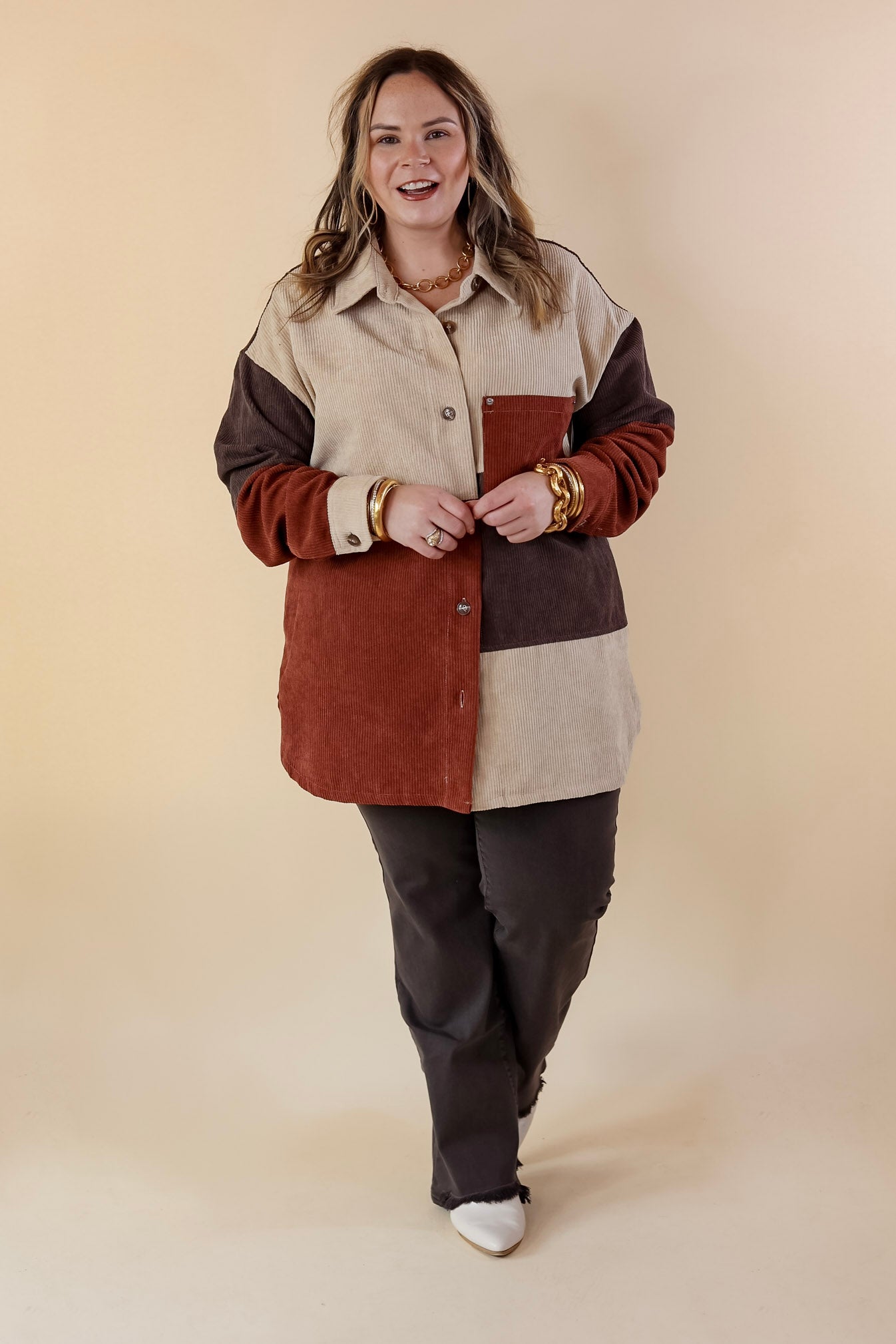 Casual Cuddles Color Block Corduroy Shacket in Brown Mix - Giddy Up Glamour Boutique