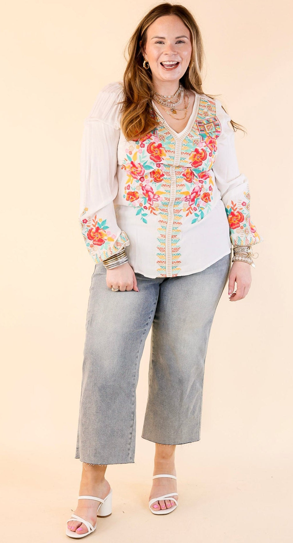 Brunch With Me Long Sleeve Embroidered Top with V Neckline in White