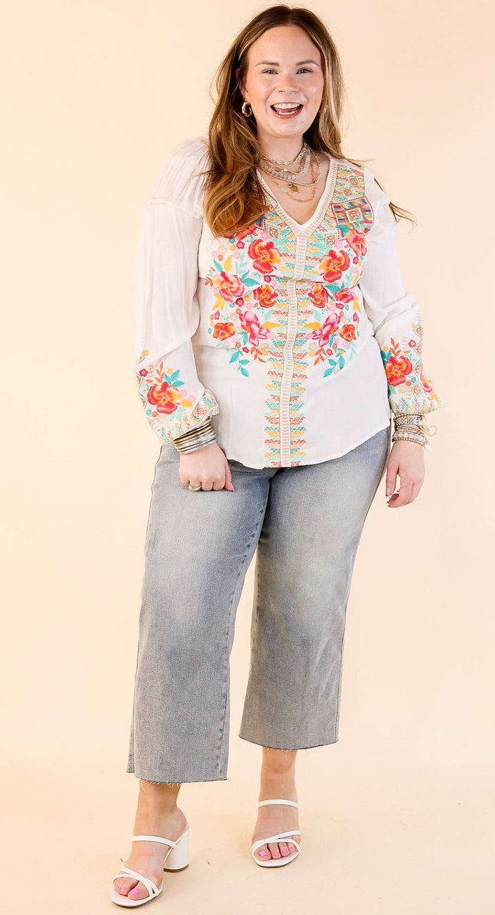 Brunch With Me Long Sleeve Embroidered Top with V Neckline in White