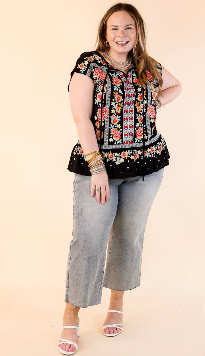 Pulled To Paradise Floral Embroidered Front Keyhole Top in Black