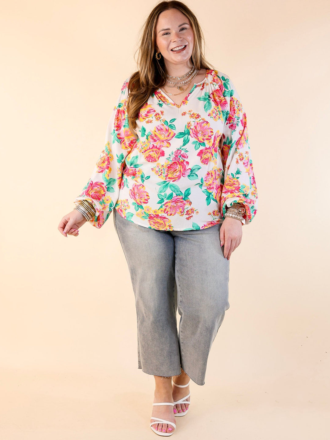 Follow Your Happiness Notched V Neck Floral Top with Long Sleeves in White
