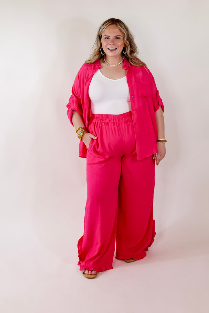My Spotlight Ruffled Hem Linen Pants in Hot Pink - Giddy Up Glamour Boutique
