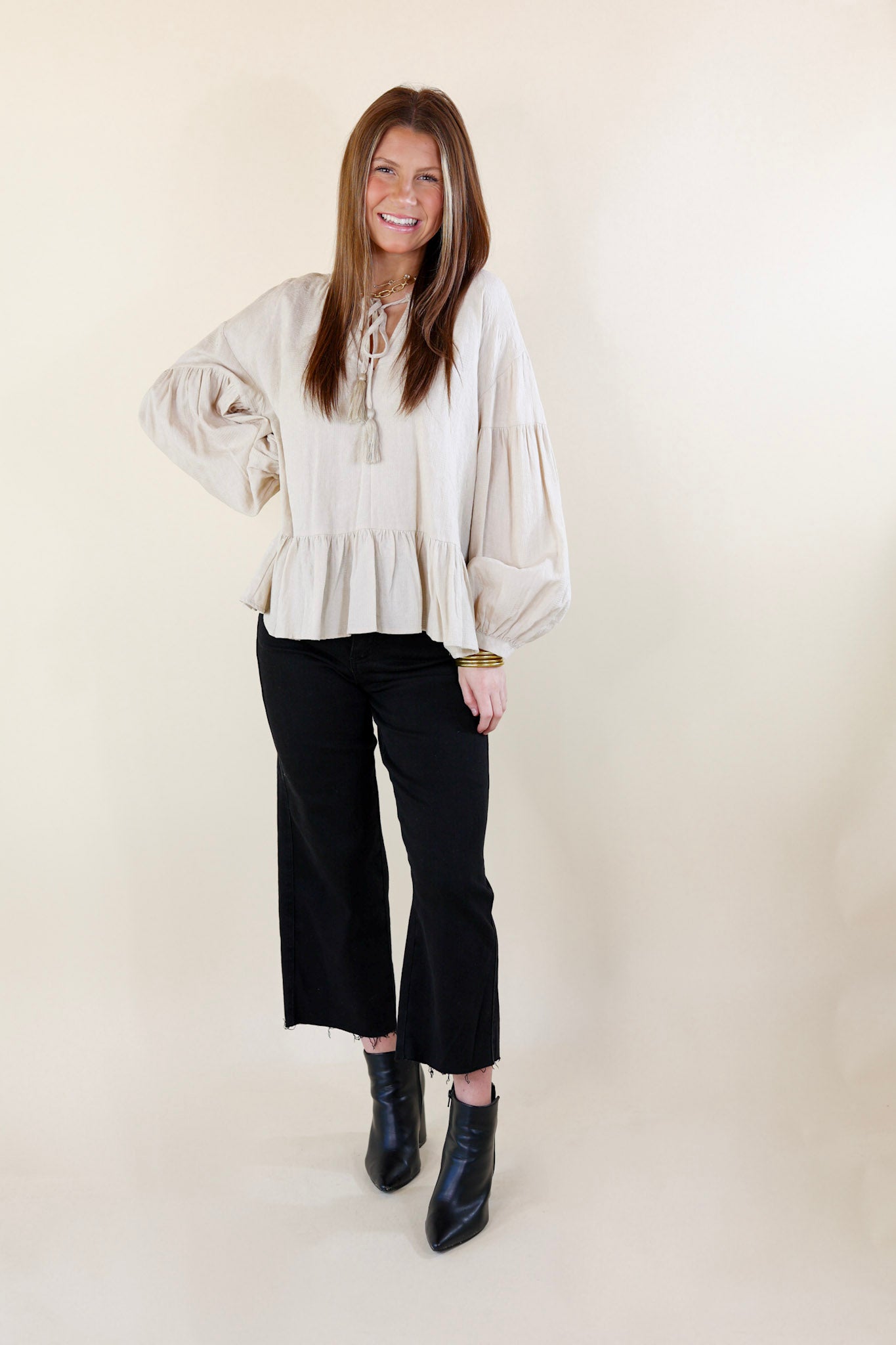Free Fallin' Textured Long Sleeve Peplum Top with Keyhole Front in Beige