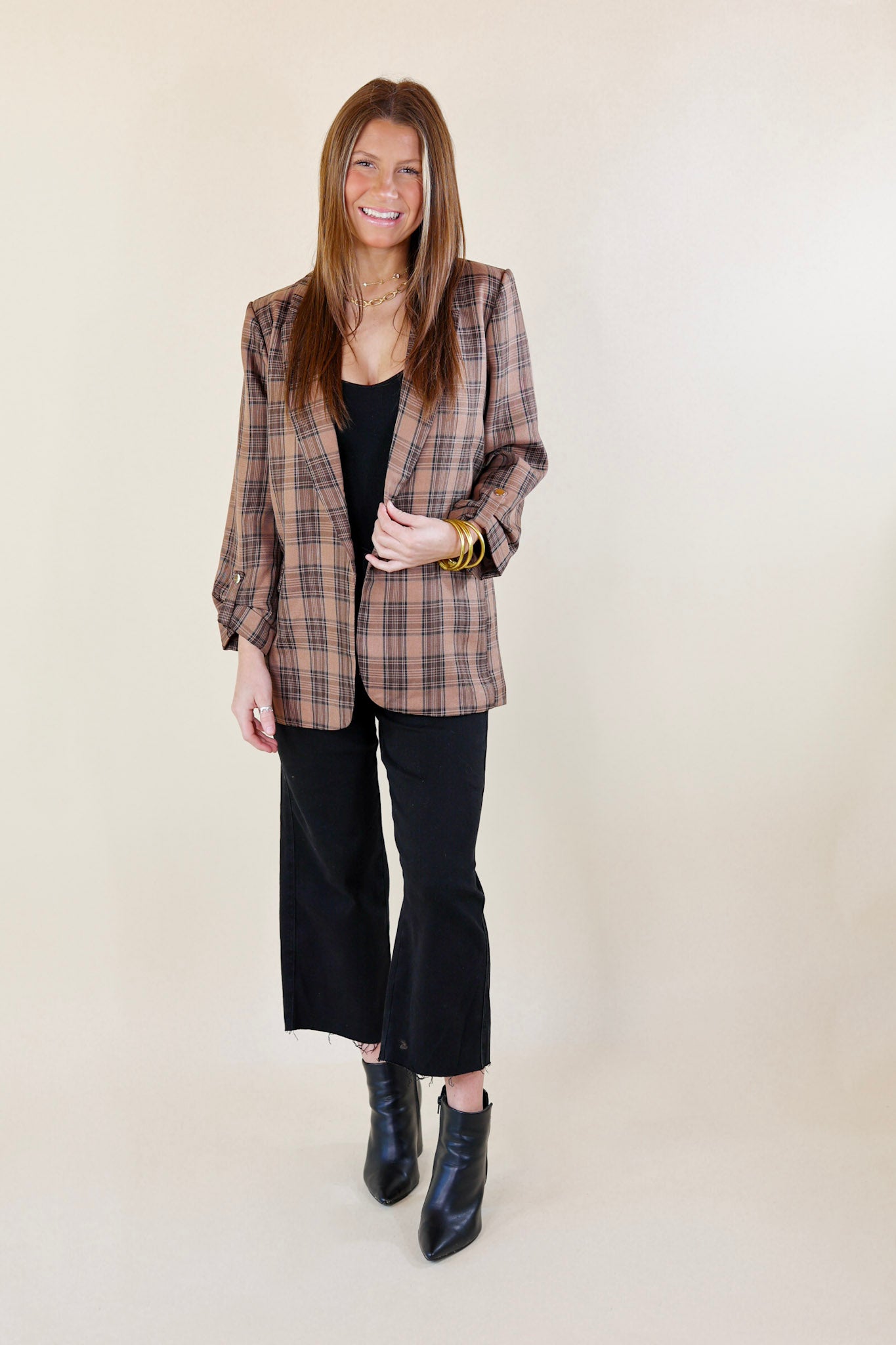 Mountain View Open Front Plaid Blazer with 3/4 Sleeves in Brown