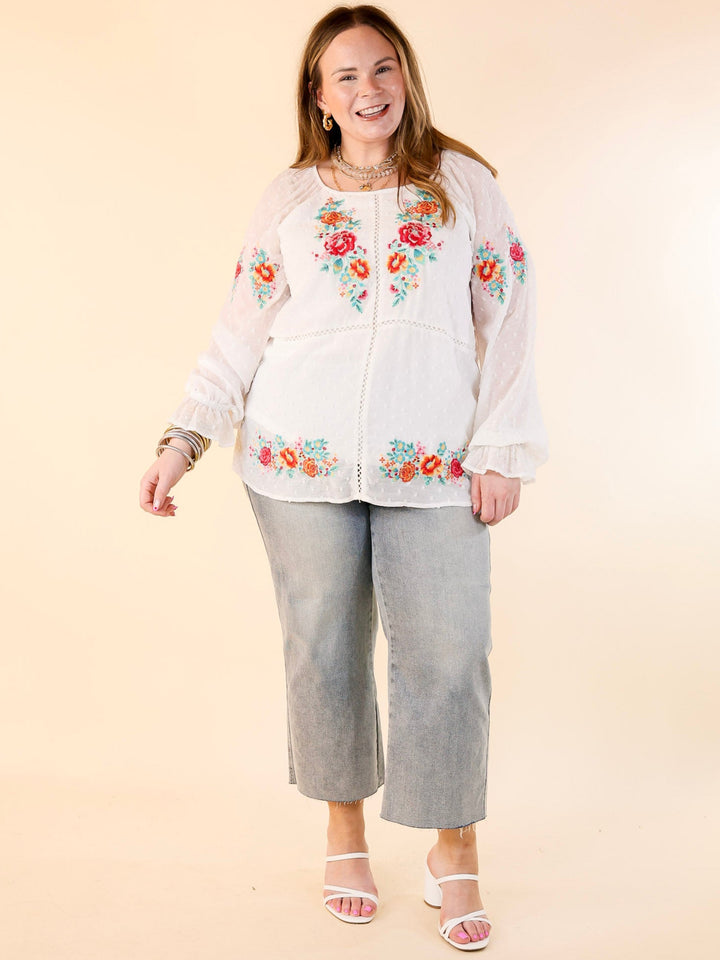 Patio Days Swiss Dot Long Sleeve Blouse with Floral Embroidery in White