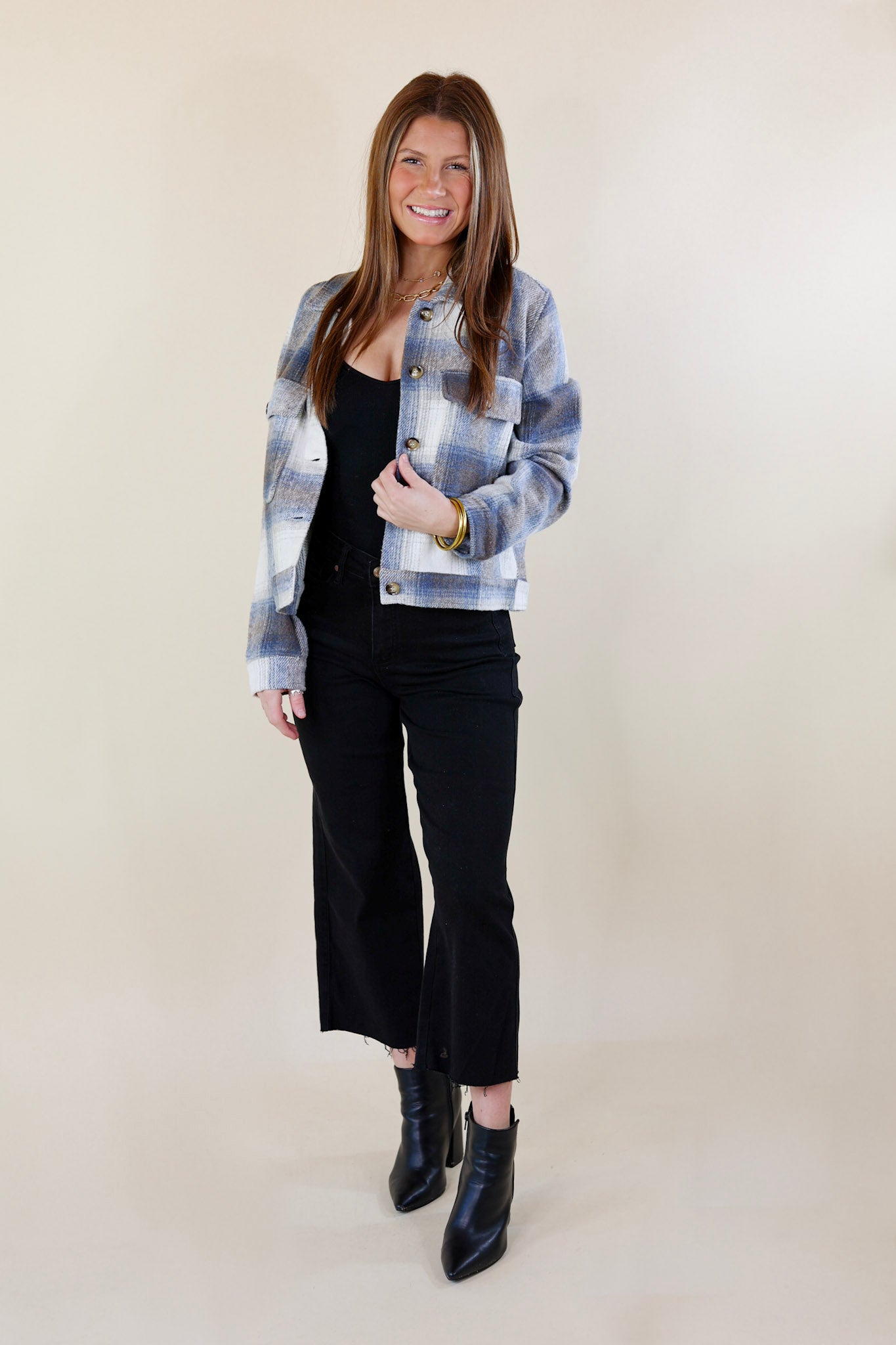 Lost In the Redwoods Button Up Cropped Plaid Jacket in Blue Mix