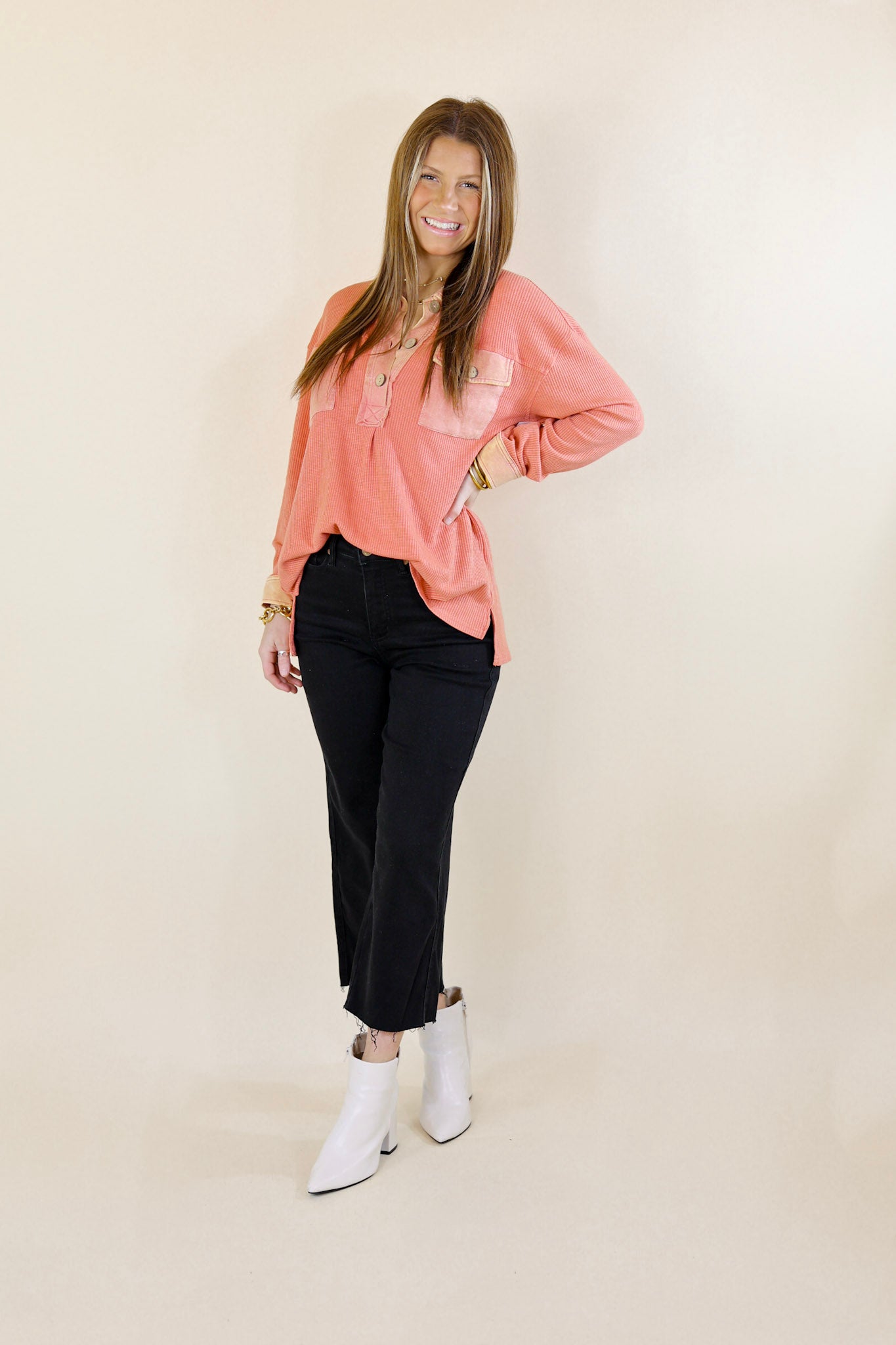 Cozy Welcome Waffle Knit Collared Top with Long Sleeves in Coral Orange - Giddy Up Glamour Boutique