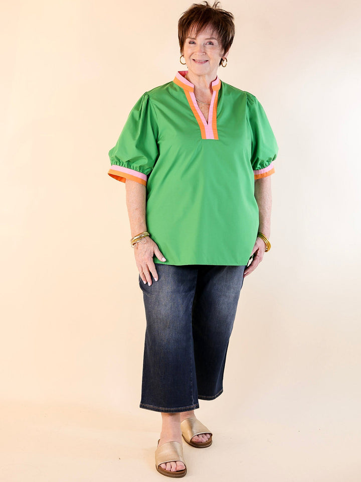 Standout Style V Neck Top with Short Balloon Sleeves in Green