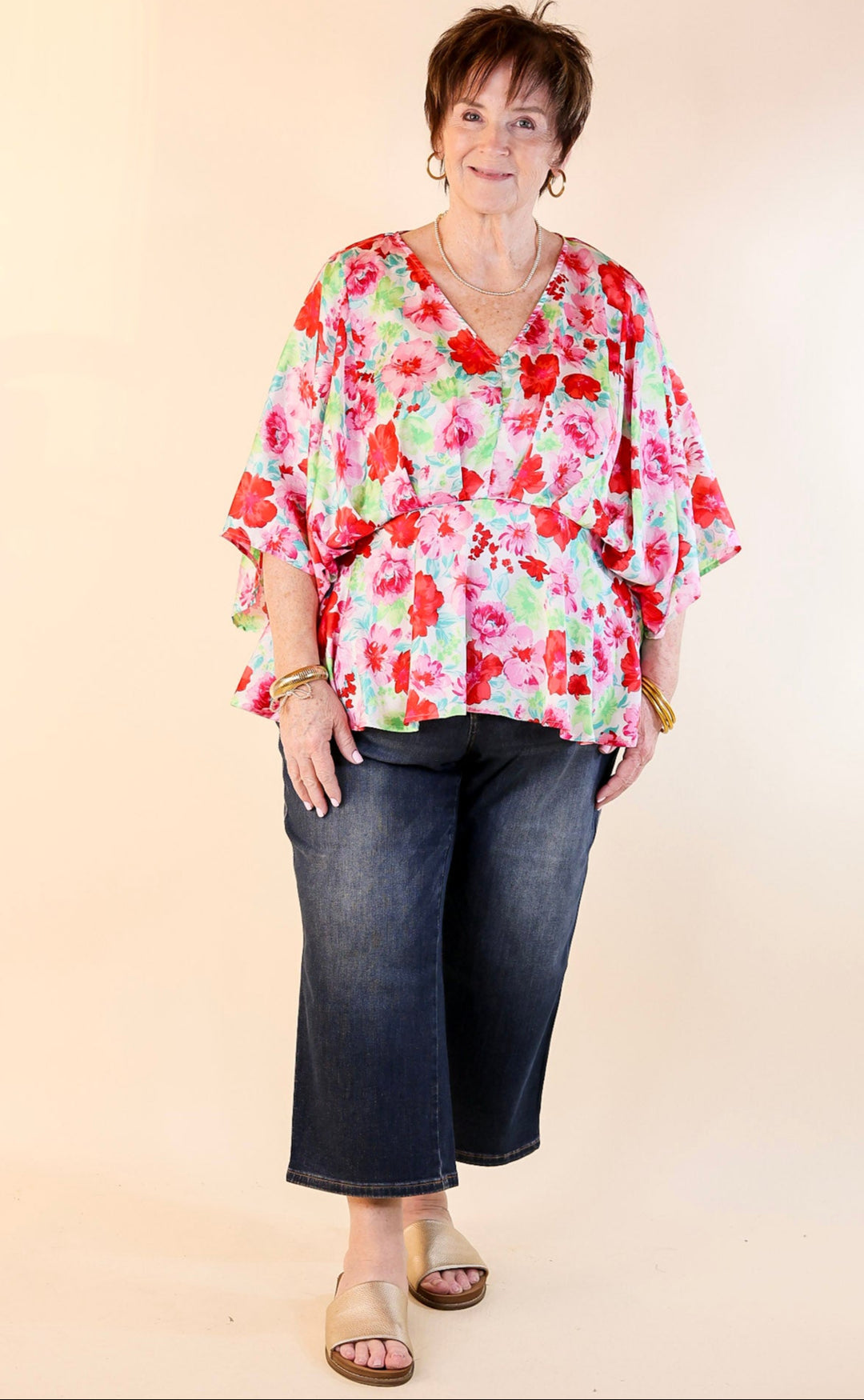 Hear the Music Drop Sleeve Satin Floral Print V Neck Peplum Top in White