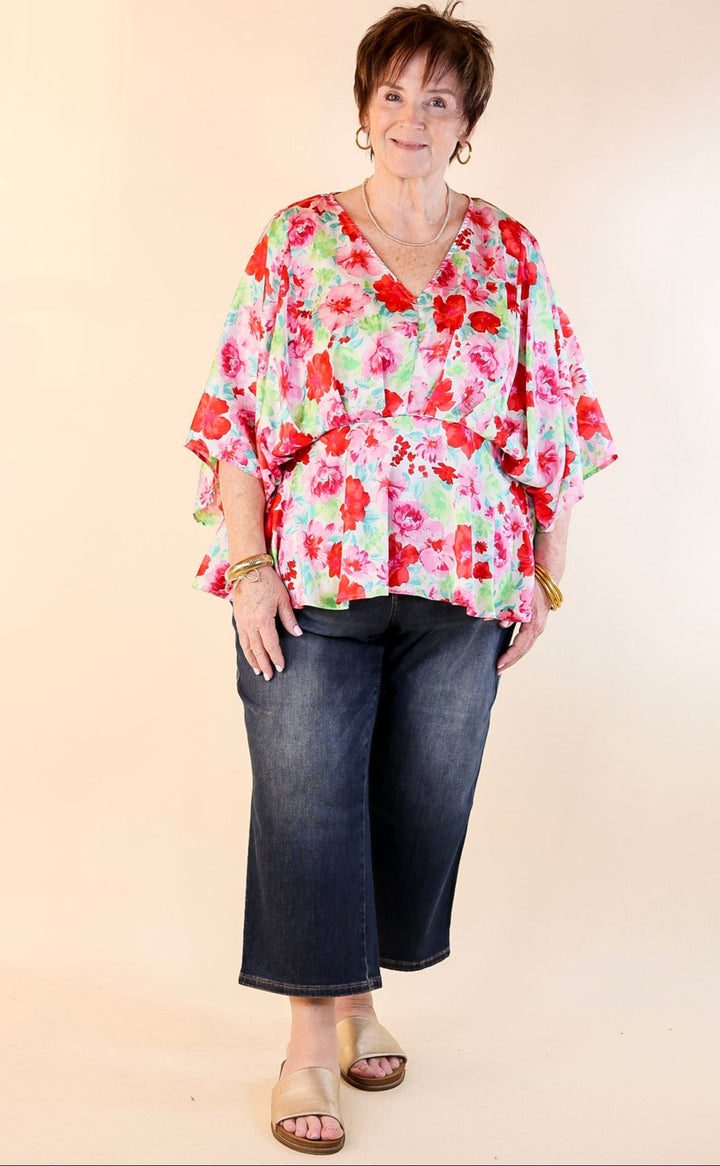 Hear the Music Drop Sleeve Satin Floral Print V Neck Peplum Top in White