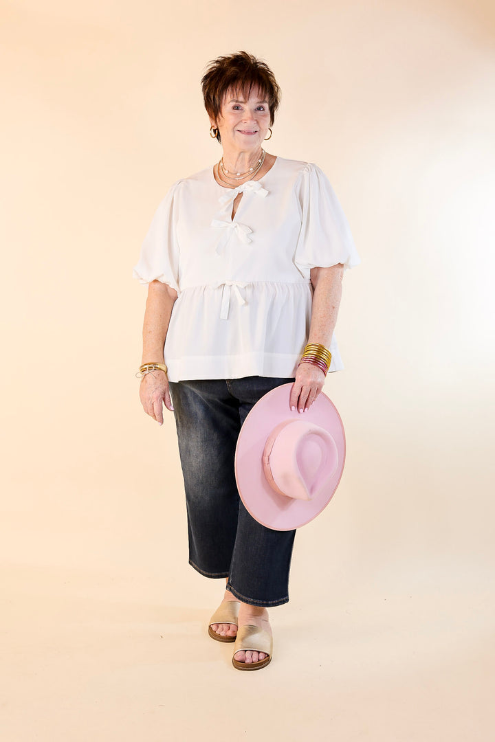 Simply Stunning Short Puff Sleeve Top with Bow Tie Detailing in Off White