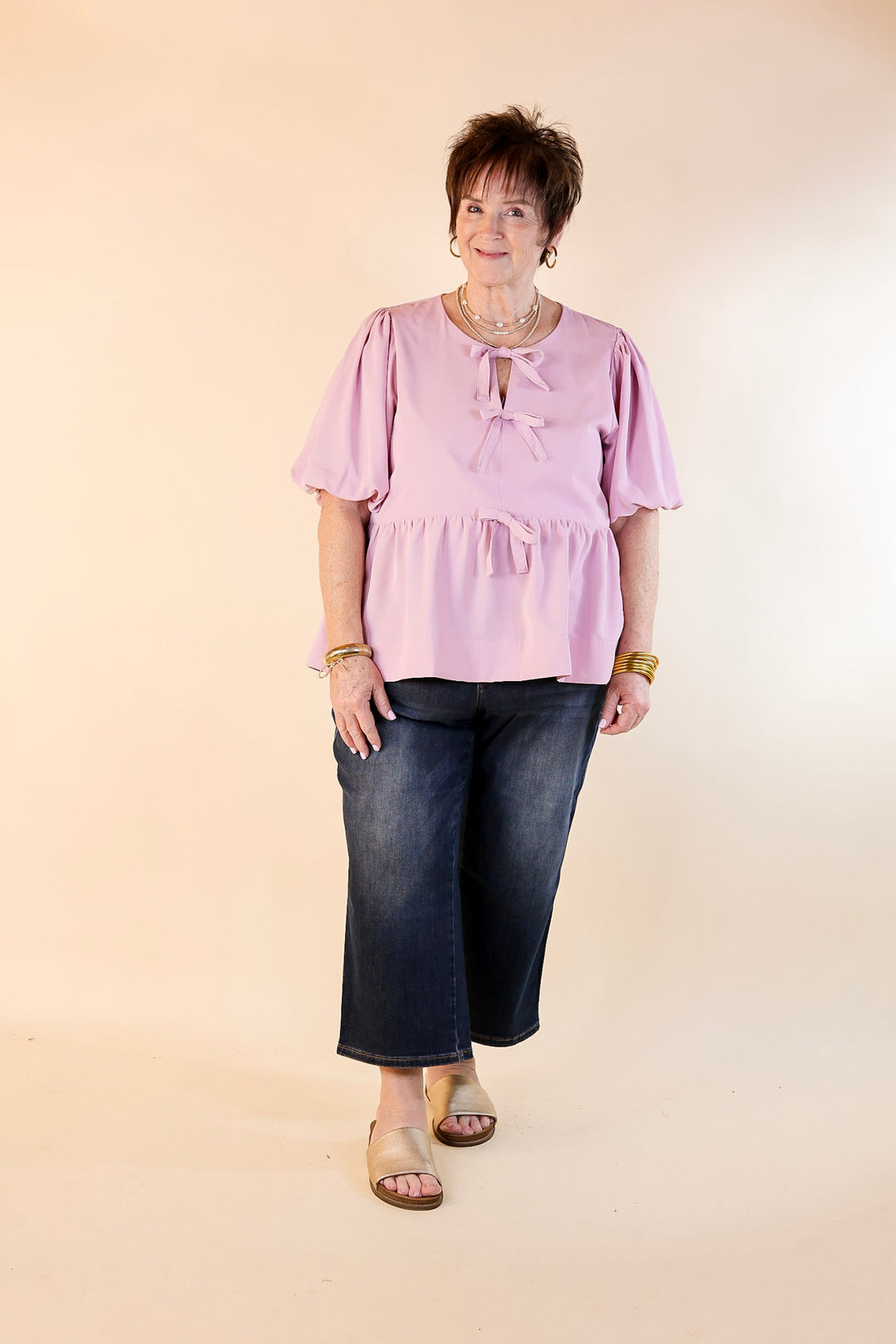 Simply Stunning Short Puff Sleeve Top with Bow Tie Detailing in Baby Pink