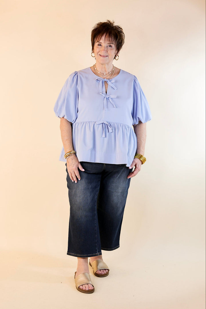 Simply Stunning Short Puff Sleeve Peplum Top with Bow Tie Detailing in Baby Blue