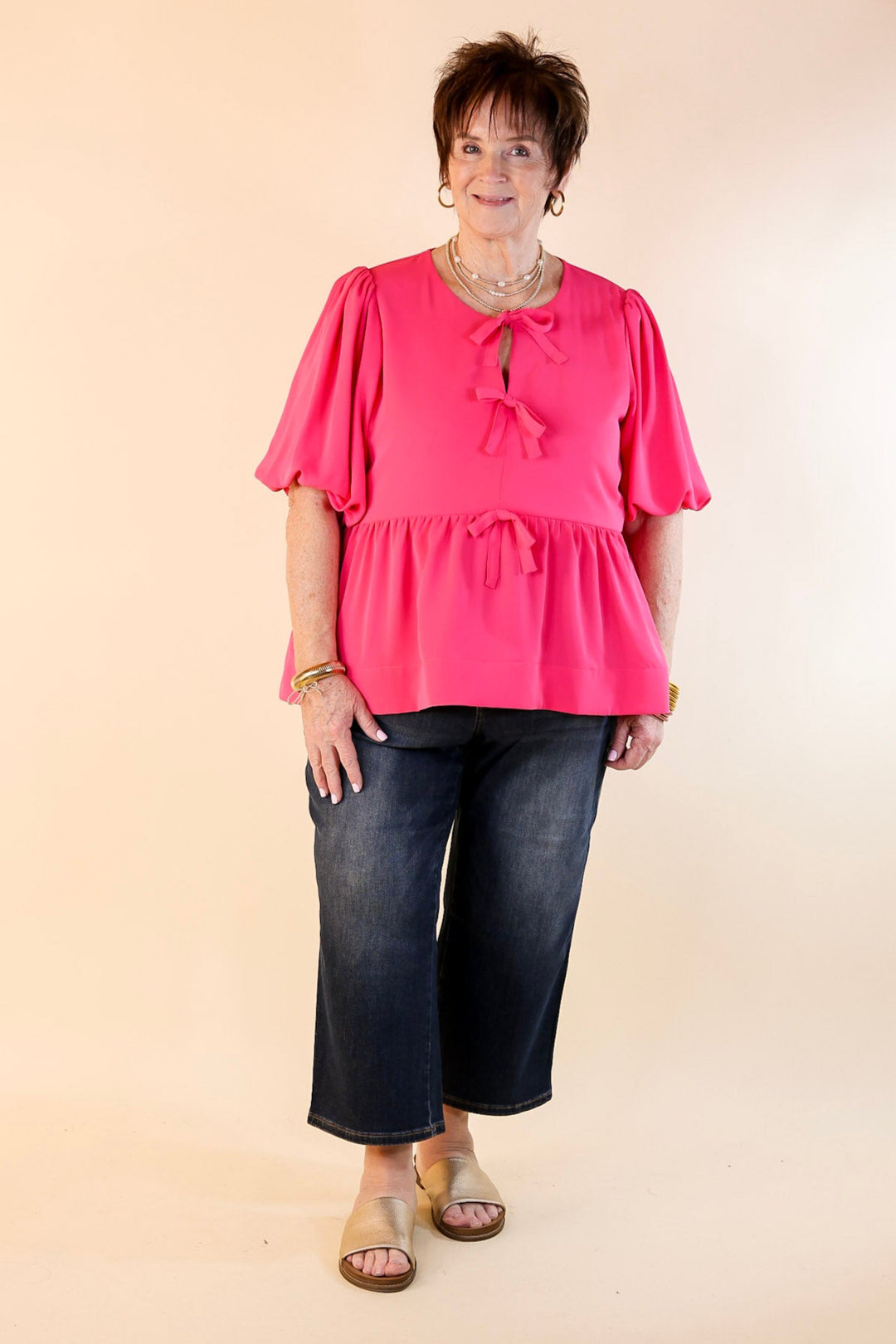 Simply Stunning Short Puff Sleeve Top with Bow Tie Detailing in Hot Pink