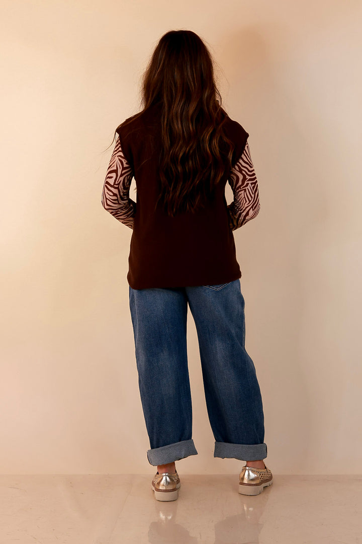 Always a Favorite Crew Neck Front Seam Sweater Knit Top in Chocolate Brown