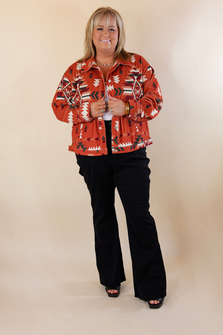 Signature Moves Aztec Print Jacket with Crystal Fringe in Rust Orange - Giddy Up Glamour Boutique