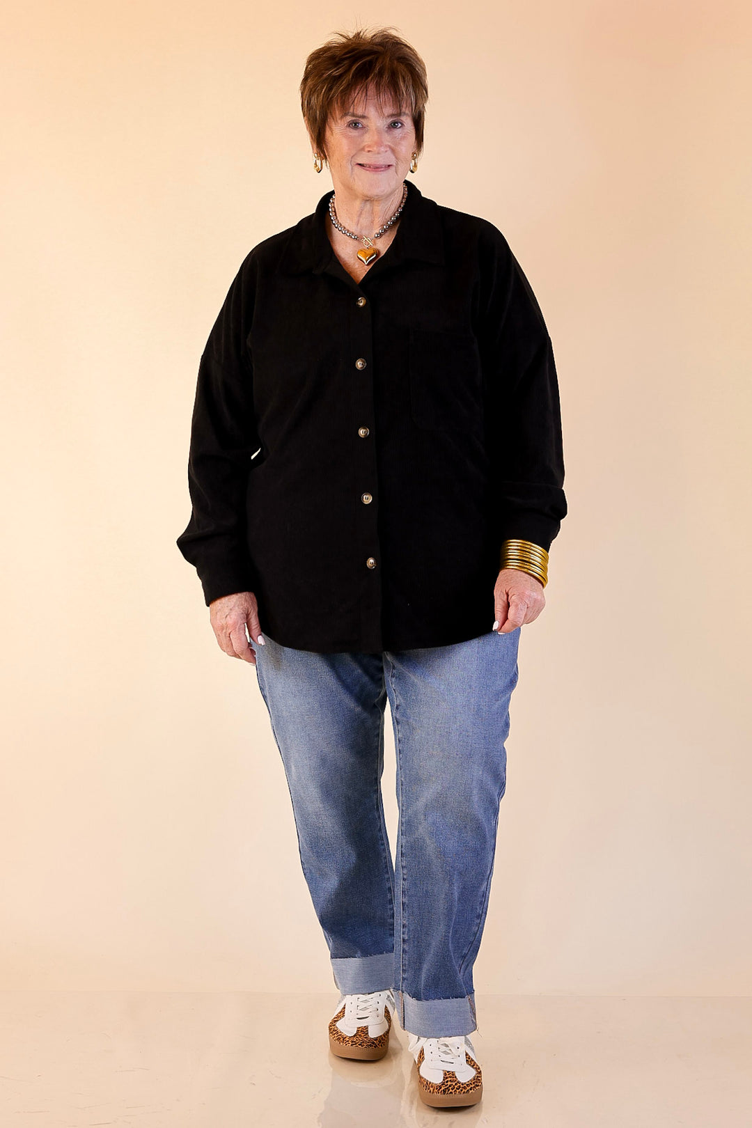 Plus Sizes | Captivating Cuteness Corduroy Button Up Shacket in Black