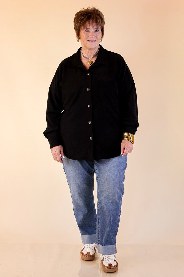 Plus Sizes | Captivating Cuteness Corduroy Button Up Shacket in Black