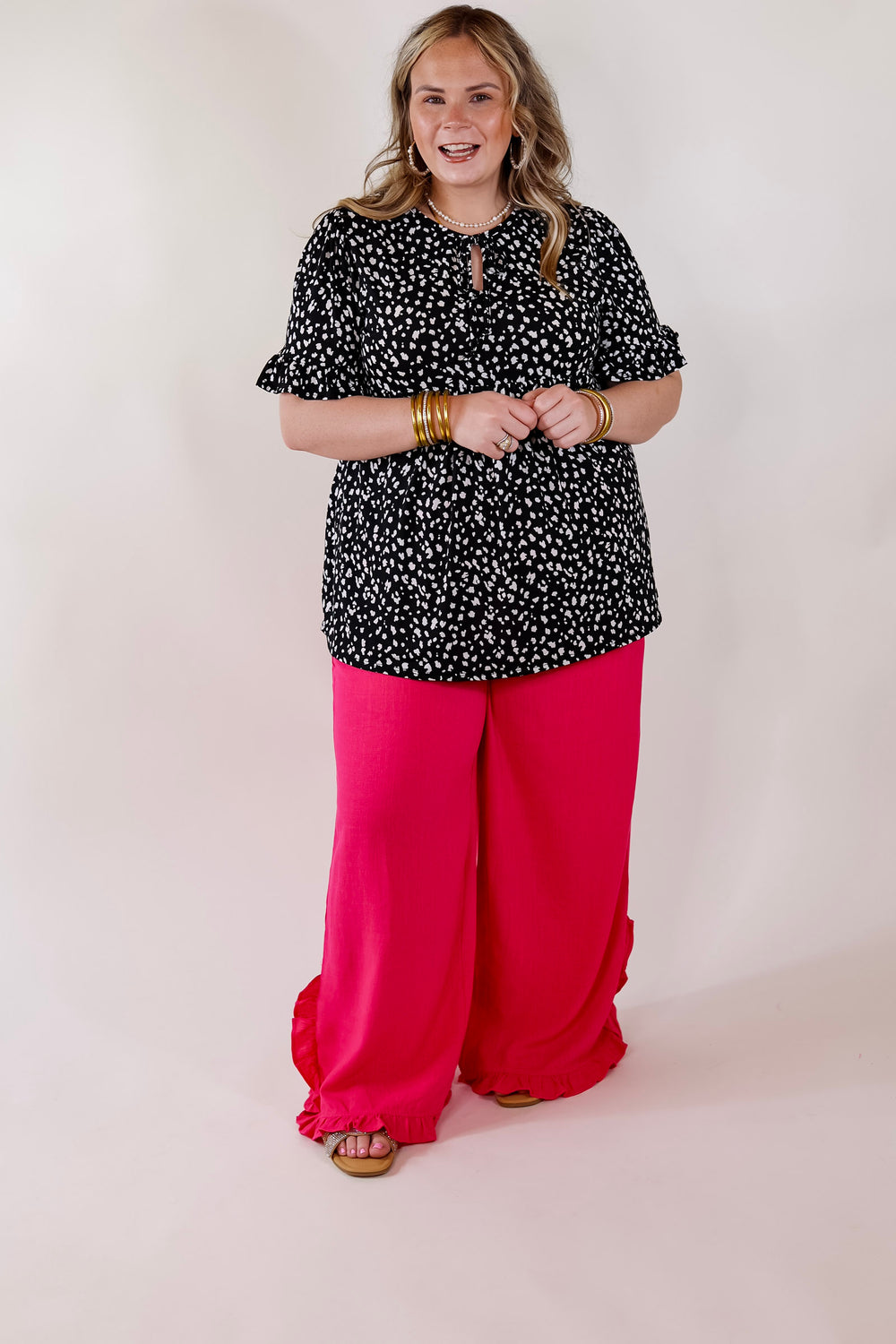 Waiting For A Sign Cheetah Print Babydoll Top with Keyhole and Tie Neckline in Black - Giddy Up Glamour Boutique