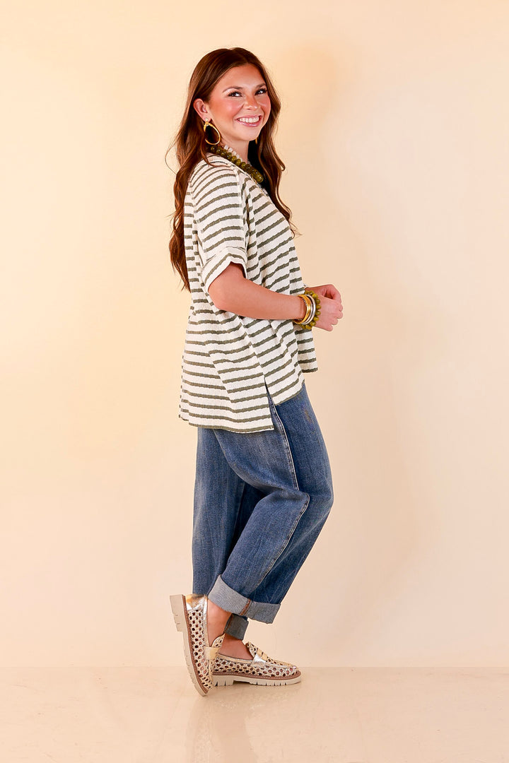 On The Daily Scoop Neck Short Sleeve Striped Textured Top in Olive Green