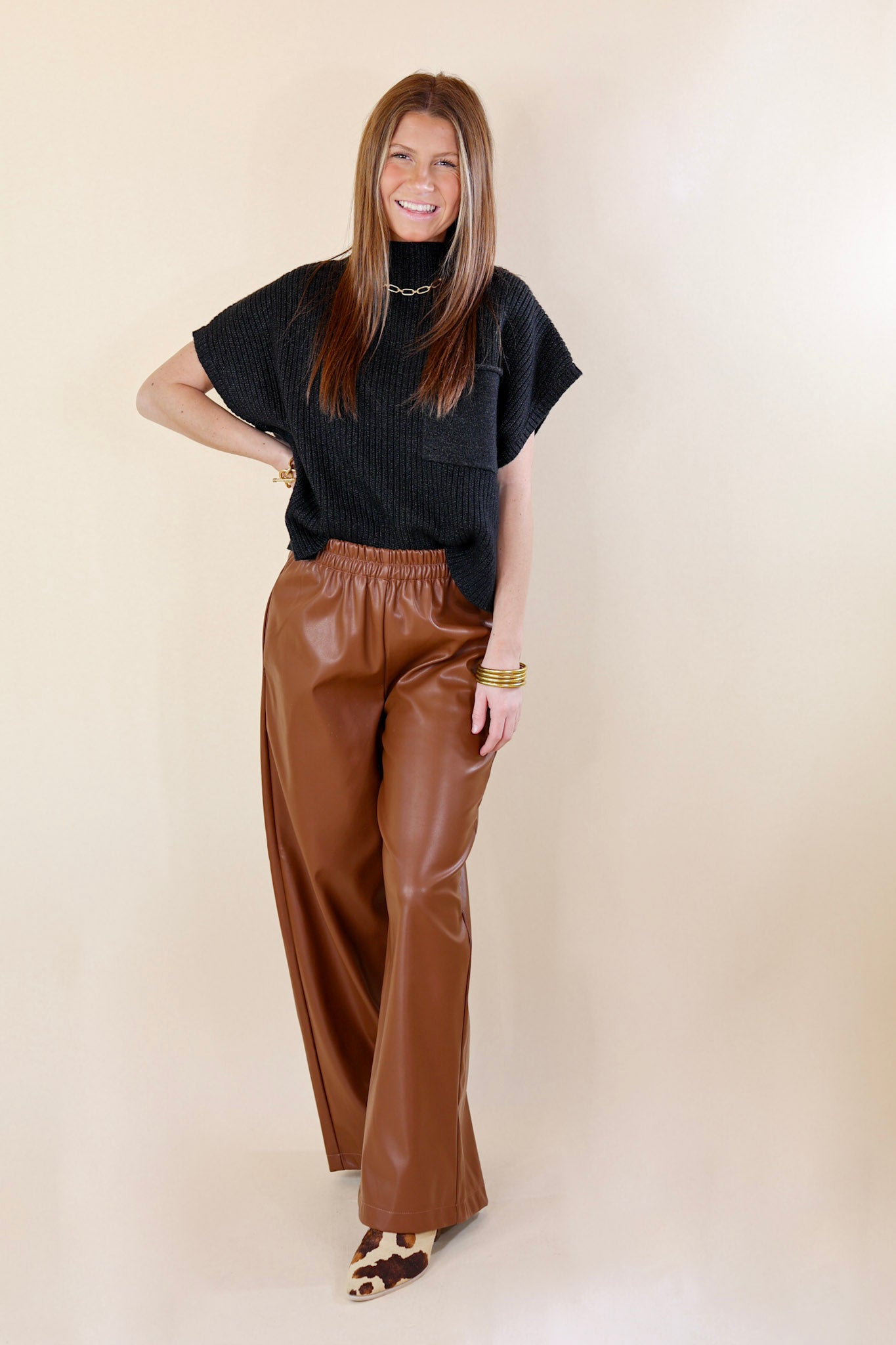 Luxe Feeling Wide Leg Faux Leather Pants in Brown - Giddy Up Glamour Boutique