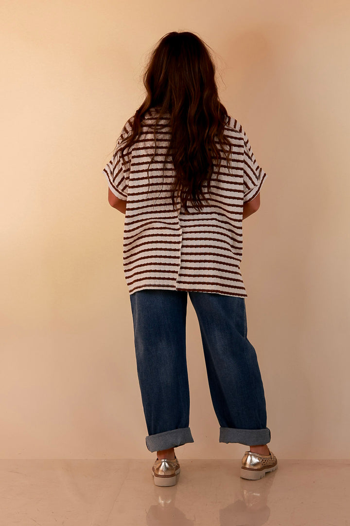 On The Daily Scoop Neck Short Sleeve Striped Textured Top in Chocolate Brown