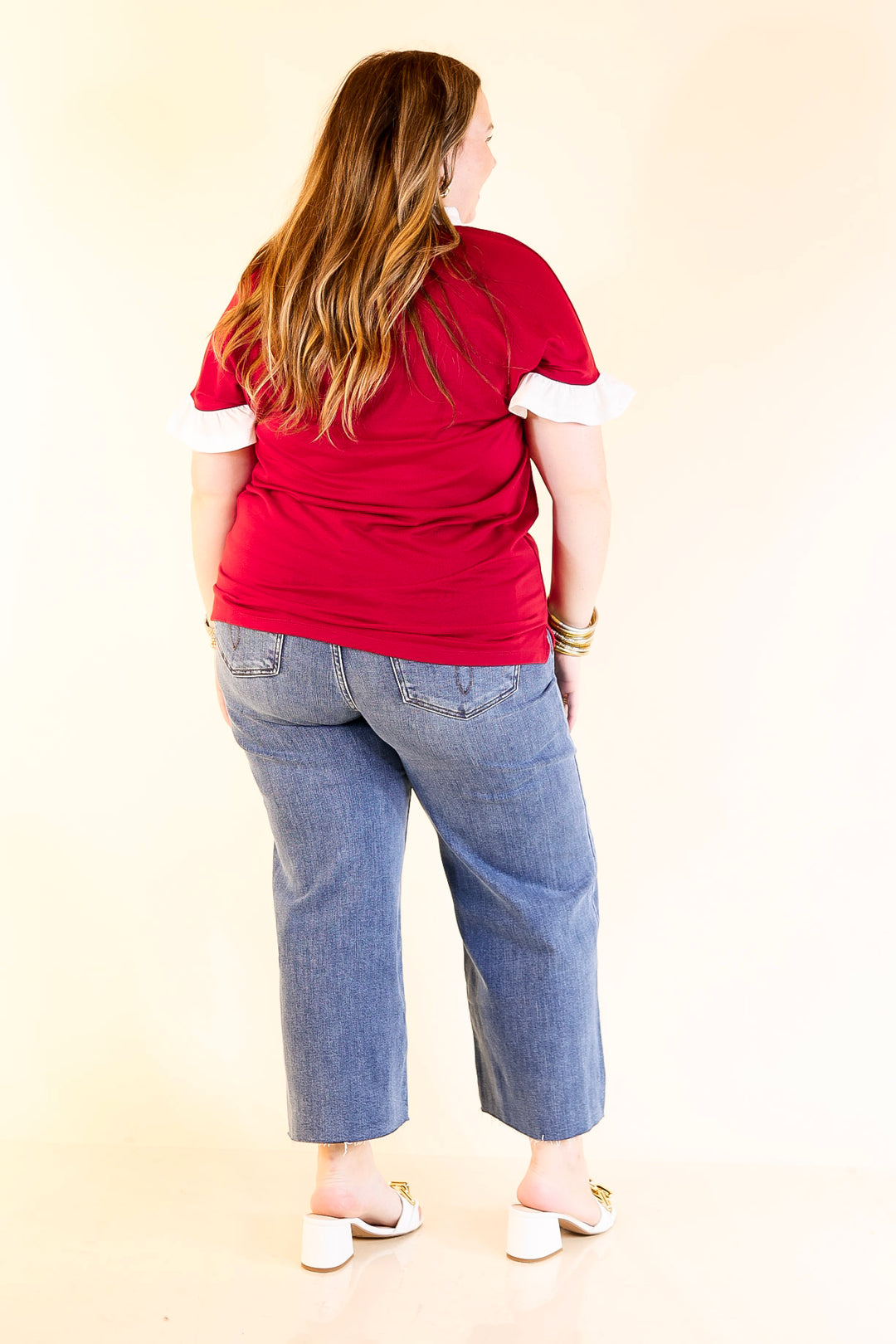 Power Play V Neck with Ruffle Short Sleeves and White Trim in Maroon