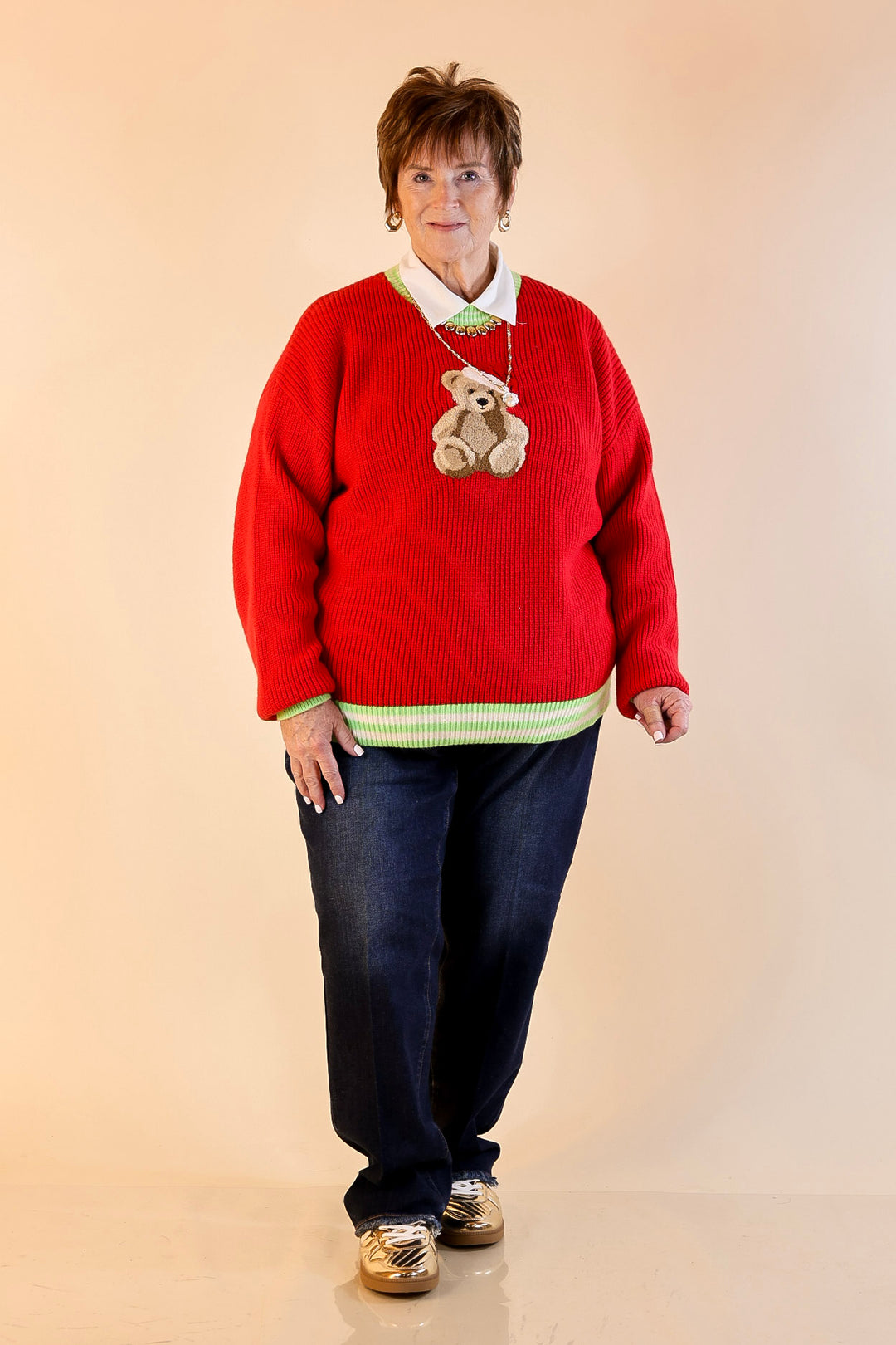 Simply Southern | Beary Merry Crewneck Sweater with Teddy Bear Graphic and Green Trim in Red