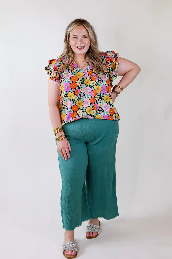 Pretty Days Floral Notched Neckline Top in Black - Giddy Up Glamour Boutique