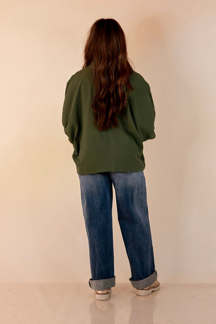 Naturally Chic Textured Poncho Top with Leopard Trim Details and Dolman Sleeves in Olive Green