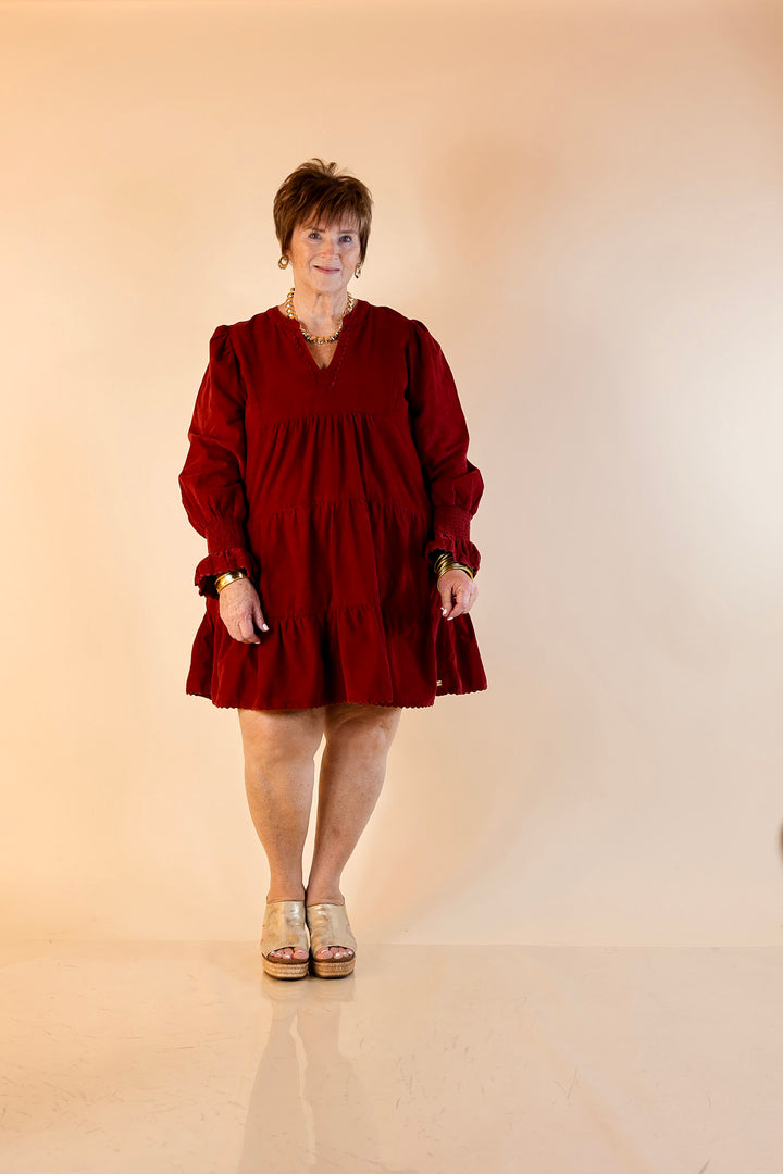 Simply Southern | Made for Today Long Sleeve Tiered Corduroy Dress in Burgundy