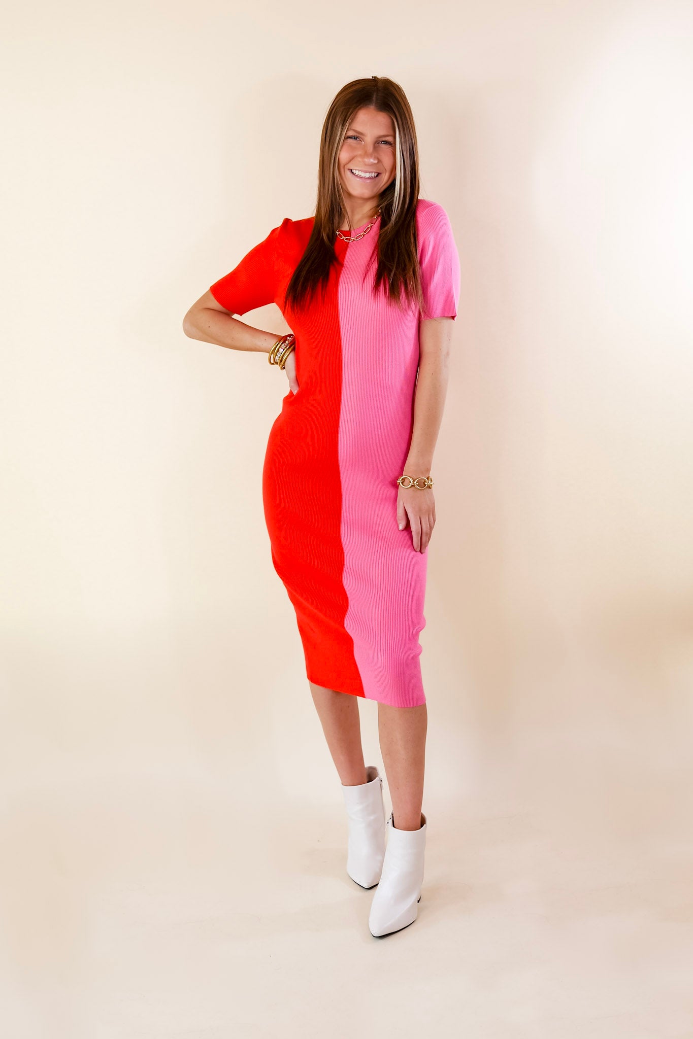 No Drama Ribbed Short Sleeve Midi Dress in Red and Pink