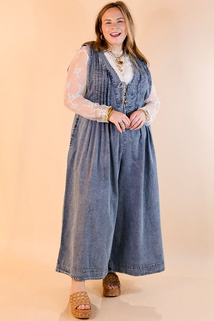 Breezy Beauty Wide Leg Denim Jumpsuit with Pockets