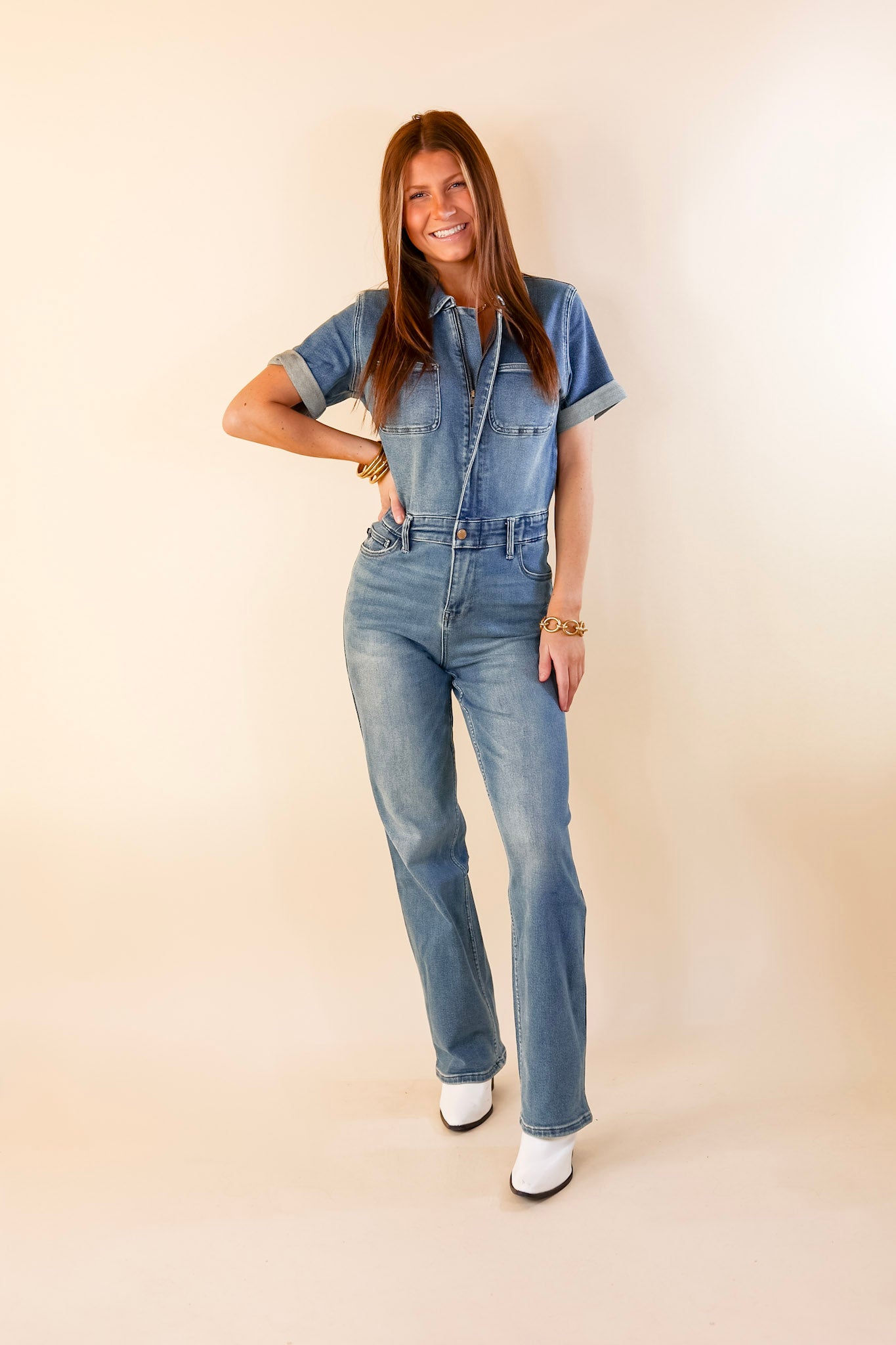 Judy Blue | New To The City Short Sleeve Denim Jumpsuit in Medium Wash