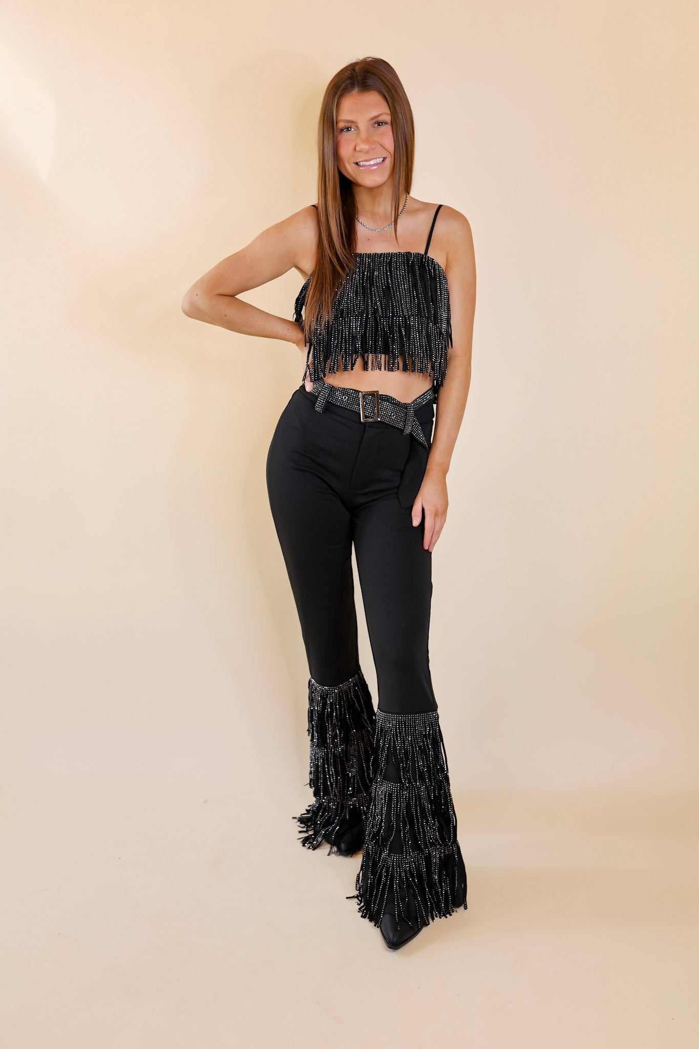 Cowboy Killer Crystal Fringe Crop Top in Black - Giddy Up Glamour Boutique