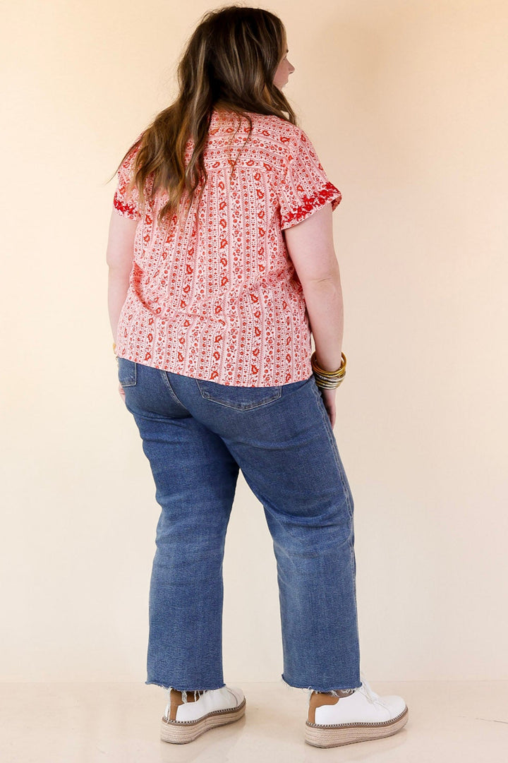 Sunny Day Floral Print Top with Red Floral Embroidery in Off White