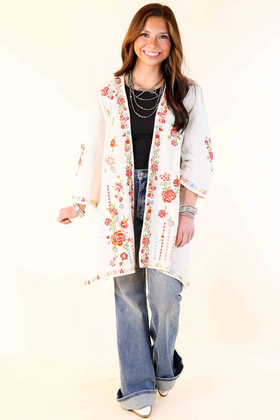 Enchanting Escapes Floral Embroidered 3/4 Sleeve Kimono in Ivory