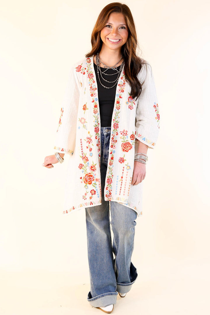 Enchanting Escapes Floral Embroidered 3/4 Sleeve Kimono in Ivory
