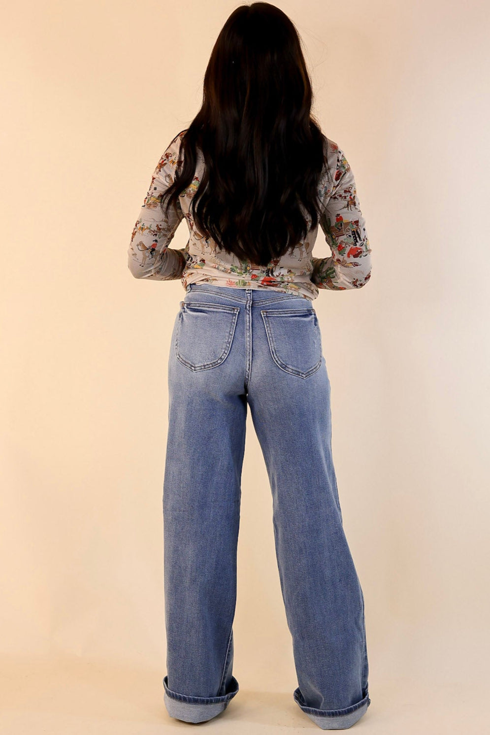 Western Dream Mesh Long Sleeve Top with Retro Western Print in Tan