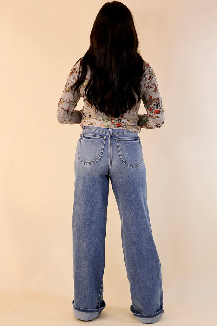 Western Dream Mesh Long Sleeve Top with Retro Western Print in Tan