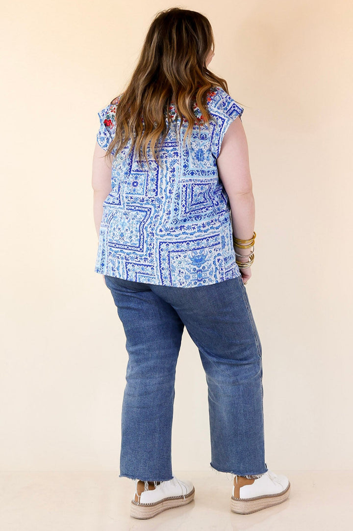 Lajitas Lady Floral Embroidered Babydoll Top in Blue and White