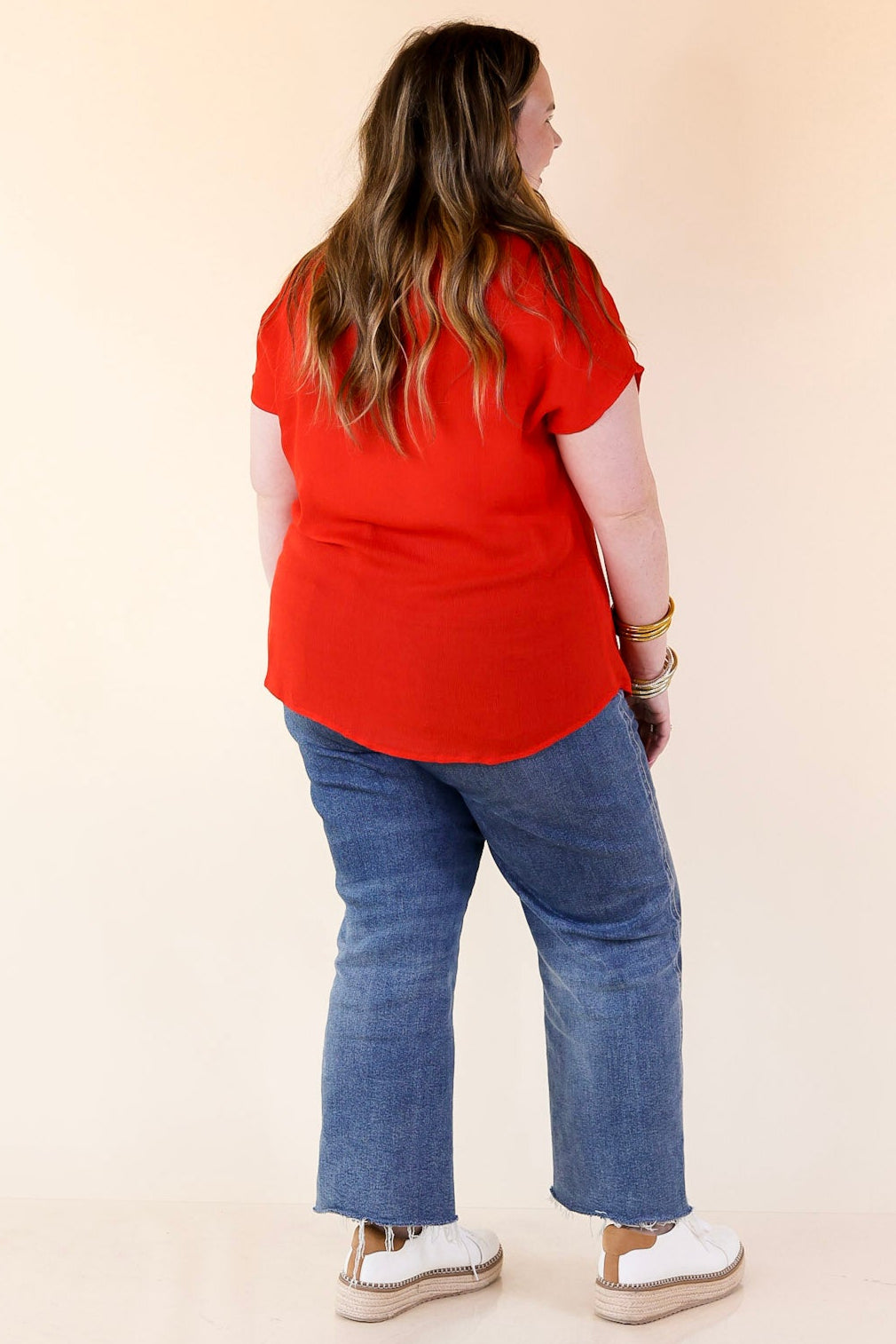 Fredericksburg Feeling Embroidered Short Sleeve Notched Neck Top in Red