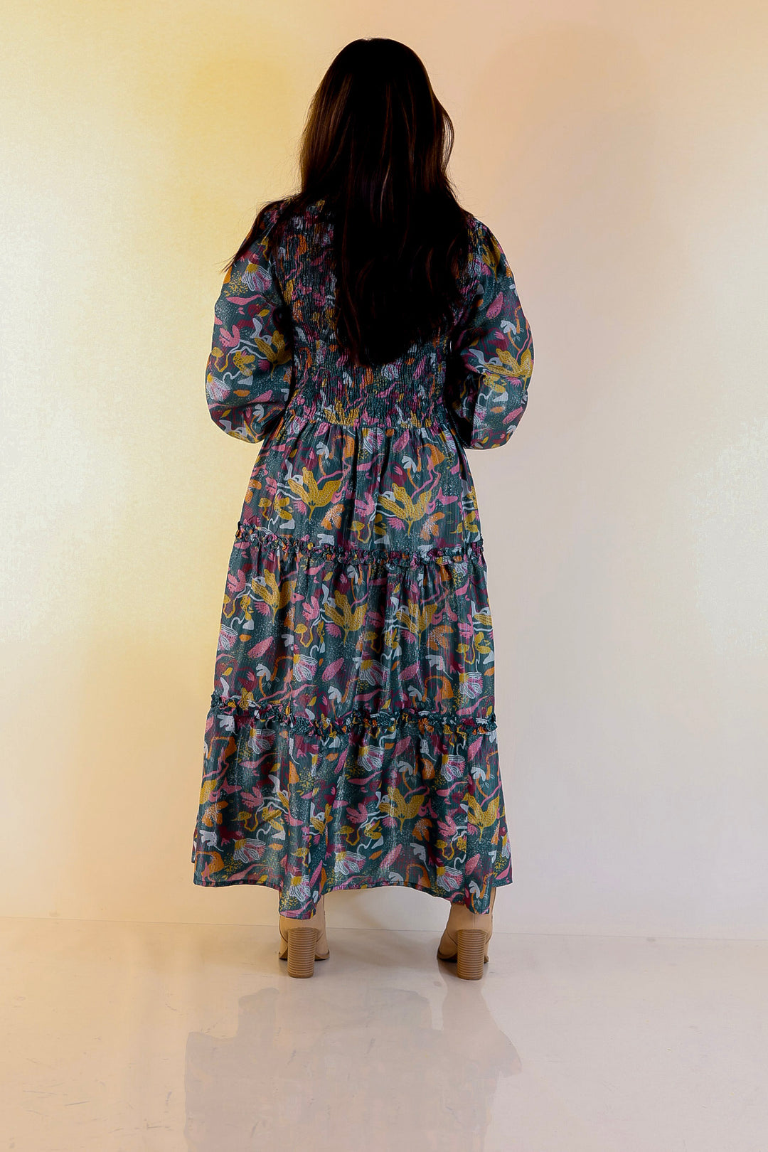 Mud Pie | Shaffer Smocked Bodice Long Sleeve Midi Dress with Tiered Skirt in Blue Mix