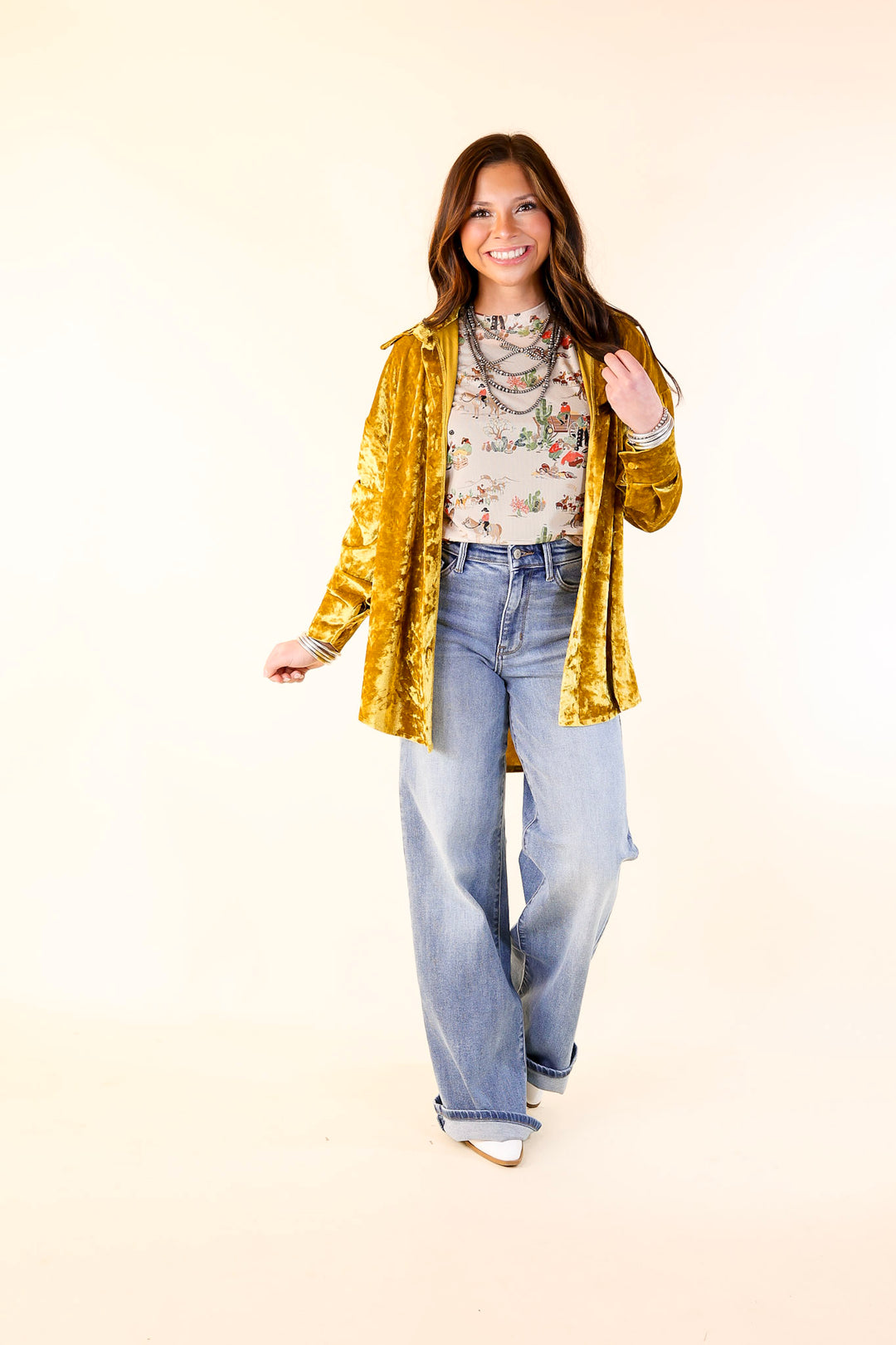 Frosted Glow Velvet Long Sleeve Button Up Top in Mustard Yellow