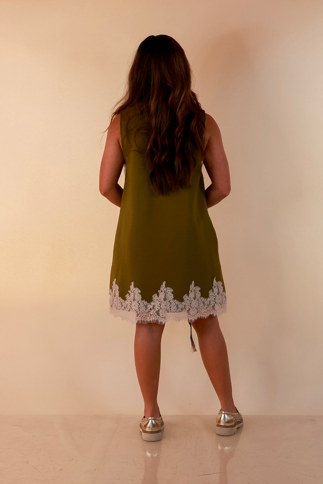 Just a Little Something Sleeveless Knit Mini Dress with Lace Trim in Chartreuse Olive Green
